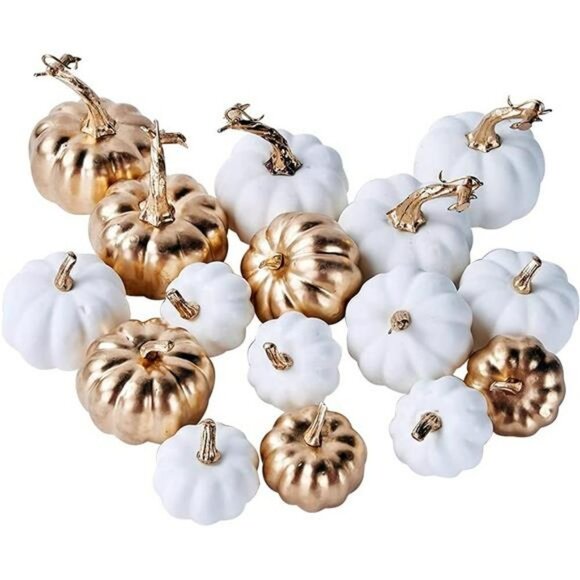 16 Pcs Assorted Artificial Pumpkins White & Gold Plating Pumpkins for Occasions - Picture 2 of 7